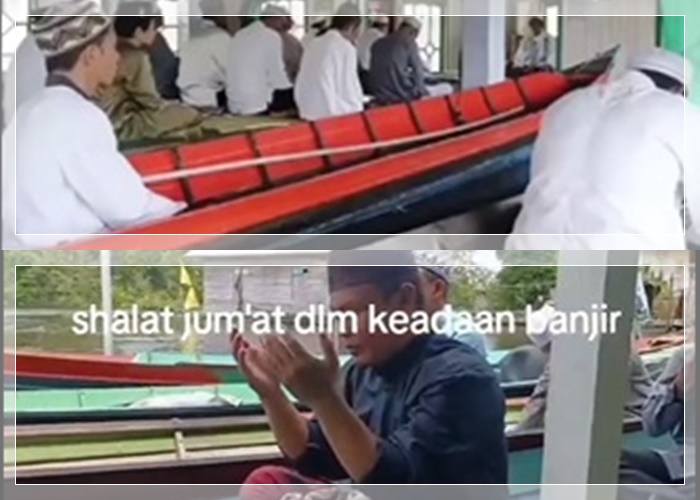 Masyaallah! Masjid Terendam Banjir, Jemaah di Binuang Tetap Salat Jumat di Atas Jukung, Tuai Pujian Warganet