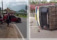 Kecelakaan Hebat di Simpang Empat Karang Intan, Truk Terbalik dan Mobil Suzuki Ringsek