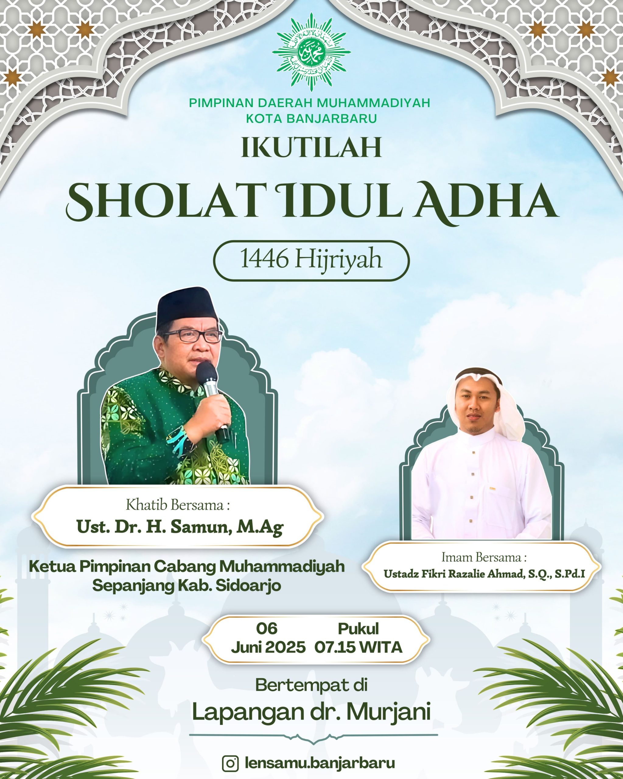 Poster ajakan Salat Idul Adha 1446H oleh Pimpinan Daerah Muhammadiyah