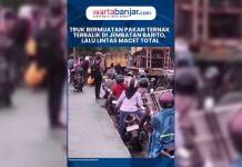 VIDEO - Truk Bermuatan Pakan Ternak Terbalik di Jembatan Barito, Lalu Lintas Macet Total