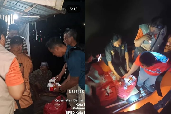 Tim Gabungan BPBD Kota Banjarmasin Bagikan Makanan Bantuan ke Warga Terdampak Ambruknya Jembatan Titian Kampung Hijau