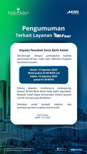 Malam ini BI Fast Bank Kalsel Perbaikan Selama 2 Jam