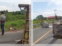 Truk Bermuatan Terbalik di Margasari Tapin, Seorang Terkapar dan Lalu Lintas Macet