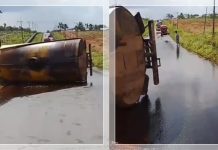 TRUK CPO TERBALIK DI KOTABARU! Minyak Tumpah, Jalan Poros Serongga-Tarjun Licin &amp; Berbahaya