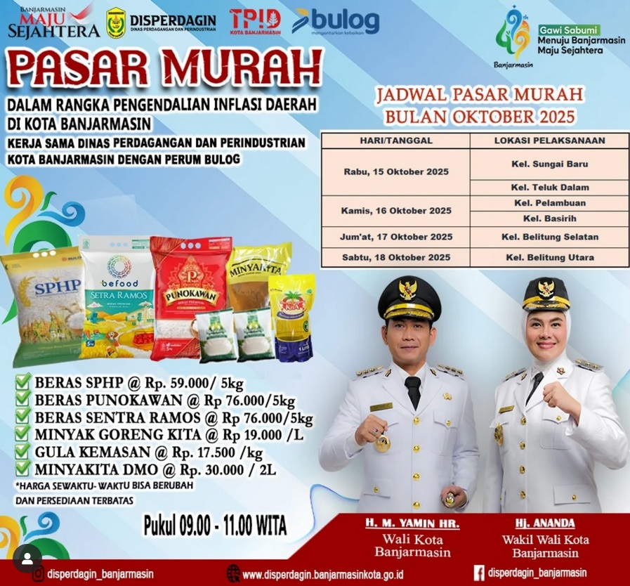 Tekan Inflasi, Dinas Perdagangan Gelar Pasar Murah di Sejumlah Lokasi di Banjarmasin Selama Oktober 2025, Cek Lokasi dan Harganya!