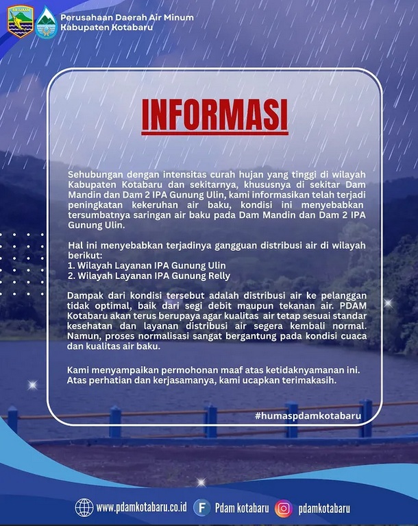 Curah Hujan Tinggi, Air Baku Keruh Sumbat Saringan Dam, PDAM Kotabaru Matikan Leding di 2 Wilayah