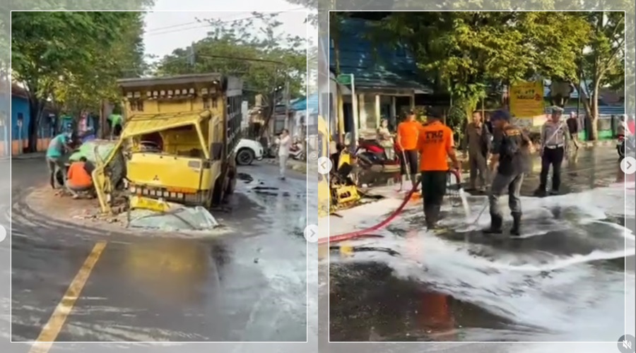 LAKA PAGI BUTA! Truk Hantam Tugu Pembatas Jalan di Depan Kantor Camat Amuntai Tengah, Sopir Luka Dilarikan ke RS