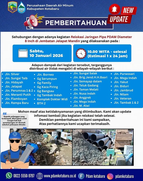 Relokasi Pipa Belum Rampung, Air Leding di Sejumlah Wilayah Kotabaru Masih Belum Bisa Dialirkan
