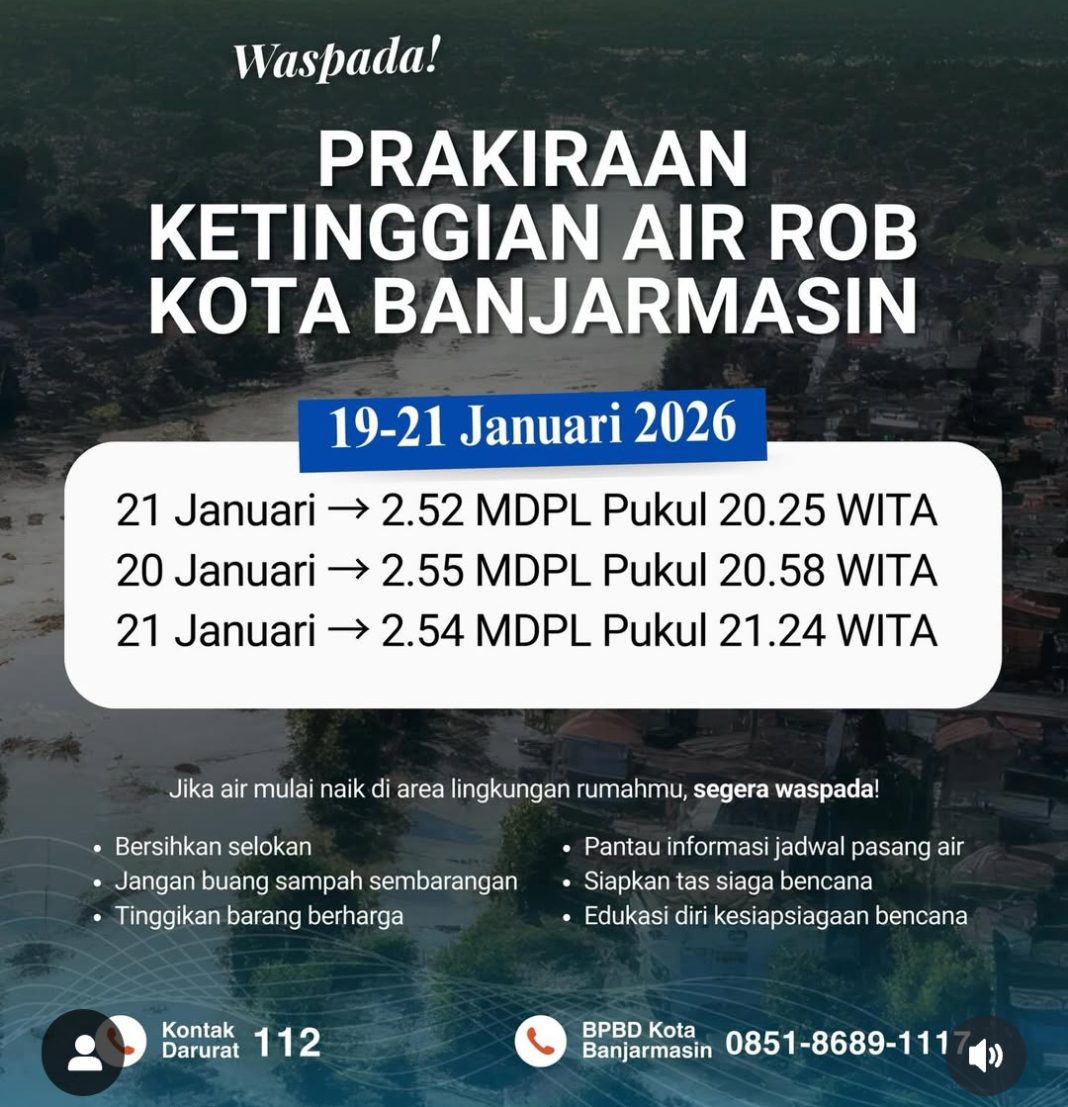 Waspada Puncak Banjir Rob di Kota Banjarmasin Hari ini Mulai Jam 8 Malam