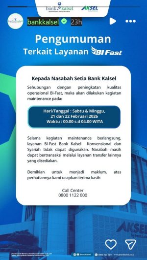Malam ini Layanan BI-Fast Bank Kalsel Tak Beroperasi Dulu Selama 4 Jam