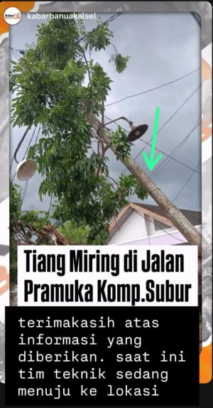 Tiang Listrik Miring di Komplek Subur Jalan Pramuka Banjarmasin, PLN Matikan Aliran Listrik