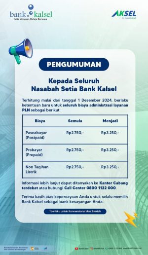Bank Kalsel Umumkan Perubahan Biaya Administrasi Layanan PLN