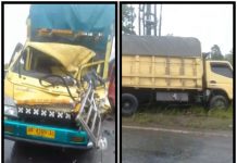Dua Truk Adu Banteng di Jalan Trikora Banjarbaru, Kabin Depan Ringsek Parah