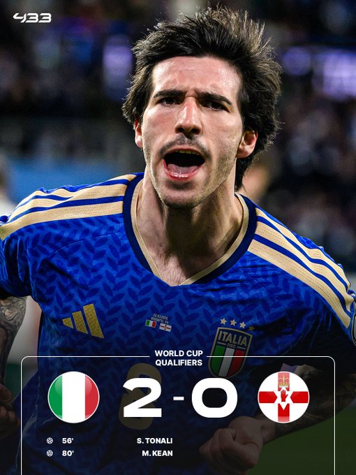 Hasil Italia vs Irlandia Utara 2-0: Gol Tonali dan Kean Bawa Gli Azzurri Selangkah ke Piala Dunia 2026