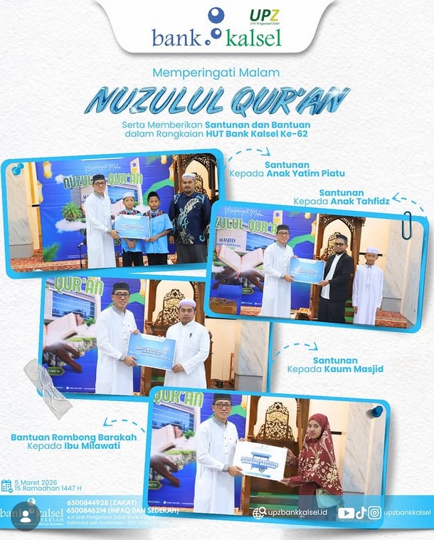 Peringati Malam Nuzulul Quran 1447 H &amp; Rangkaian HUT ke 62, Bank Kalsel Bagikan Santunan untuk Kaum Duafa