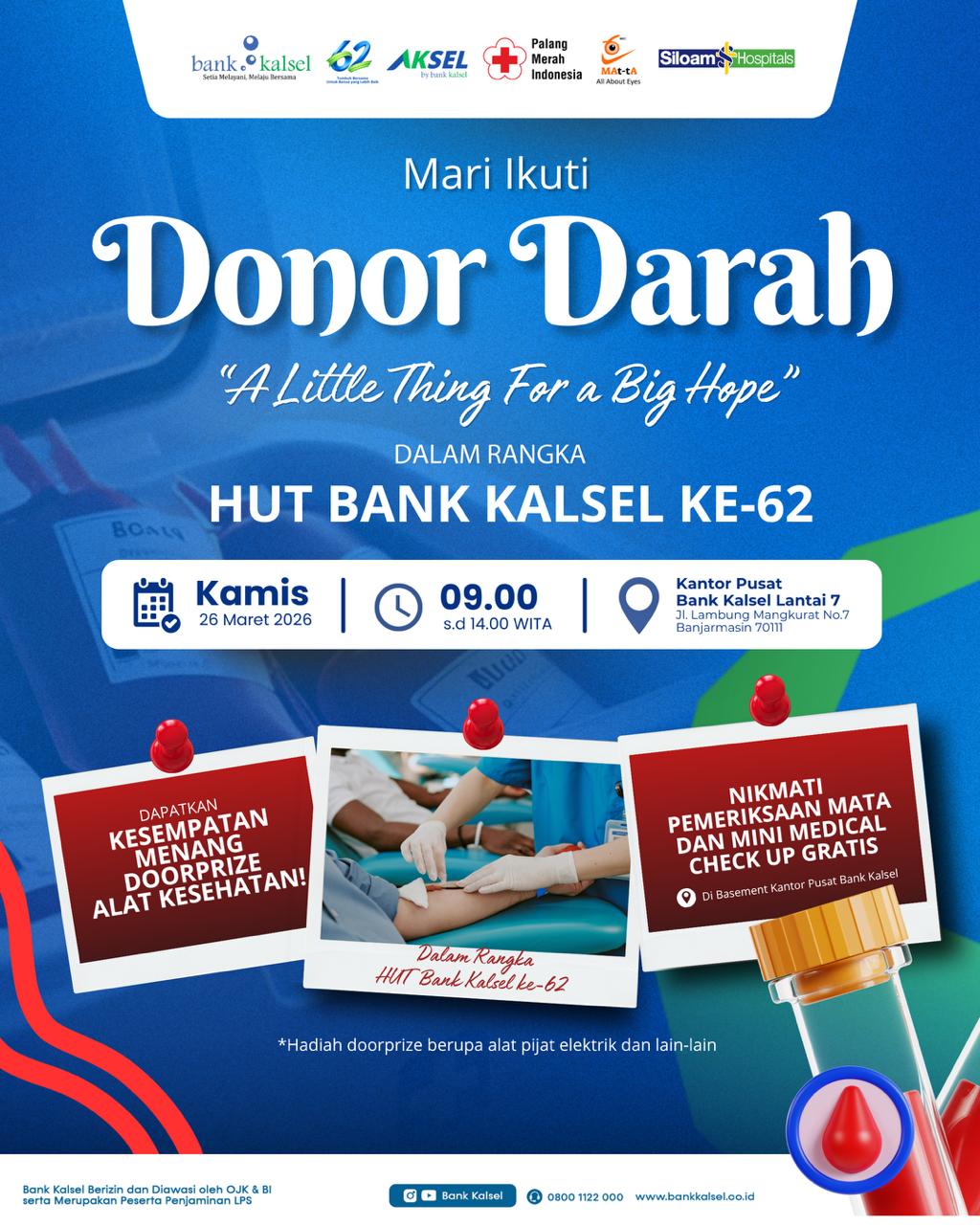 Genap Berusia 62 Tahun Hari ini, Bank Kalsel Gelar Donor Darah, Pemeriksaan Mata Hingga Berbagi Hadiah