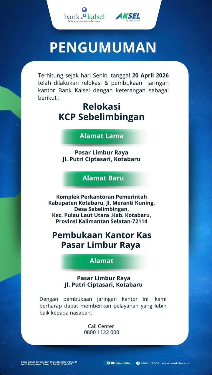 Bank Kalsel Umumkan Relokasi KCP Sebelimbingan dan Pembukaan Kantor Kas Baru di Kotabaru