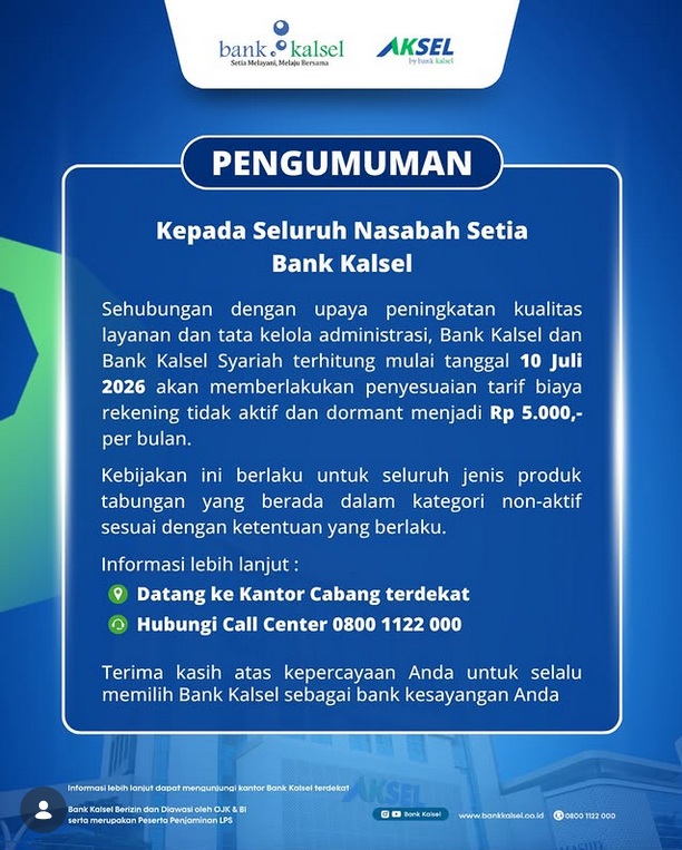 Bank Kalsel dan Bank Kalsel Syariah Umumkan Tarif Baru untuk Rekening Dormant, Berlaku Mulai 10 Juli 2026