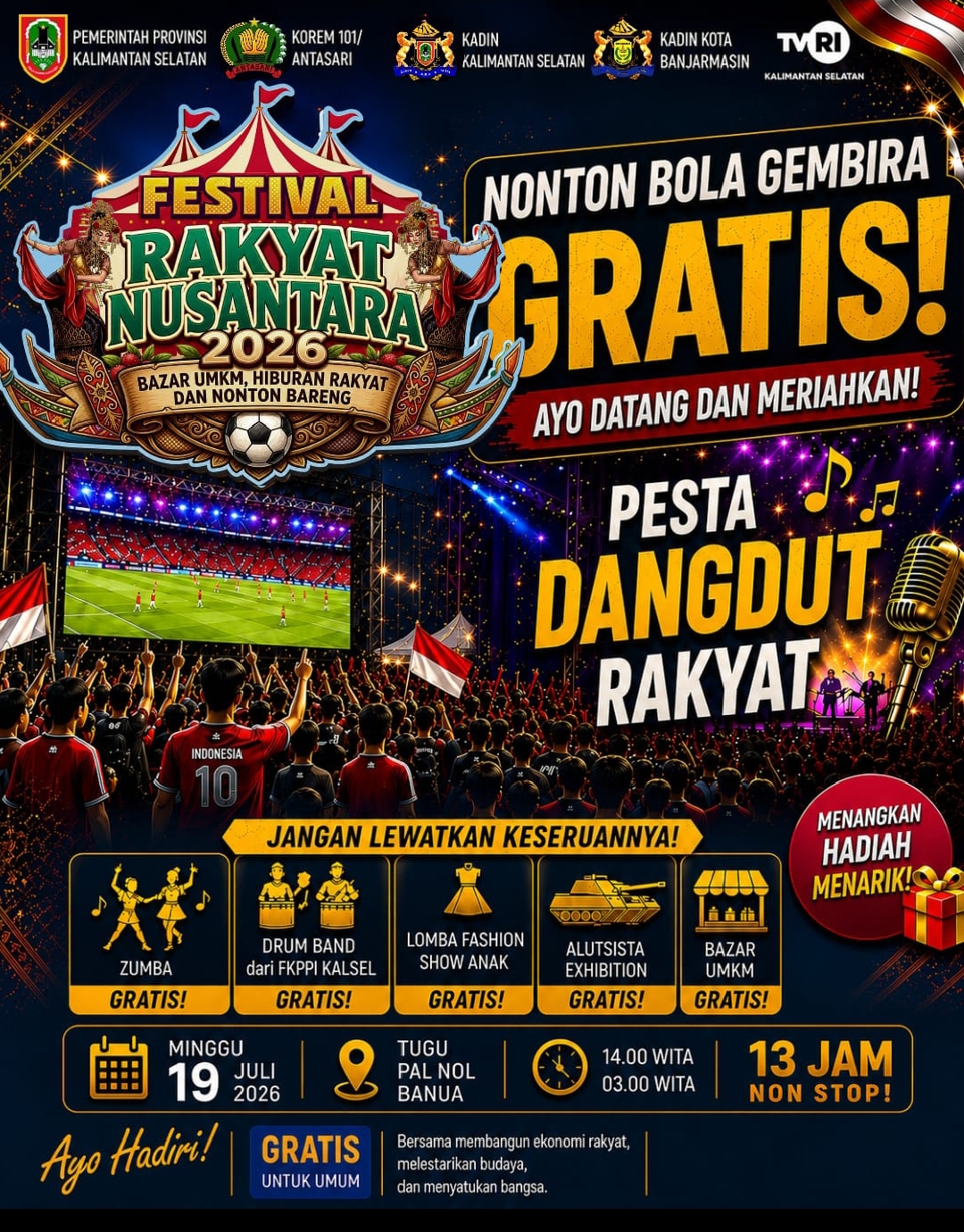Festival Rakyat Nusantara 2026 di Tugu Pal 0 Kilometer Banjarmasin, Ada Nobar Piala Dunia