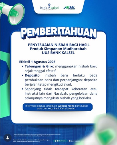 Bank Kalsel Syariah Bakal Lakukan Penyesuaian Nisbah Bagi Hasil Simpanan Mudharabah Mulai 1 Agustus 2026