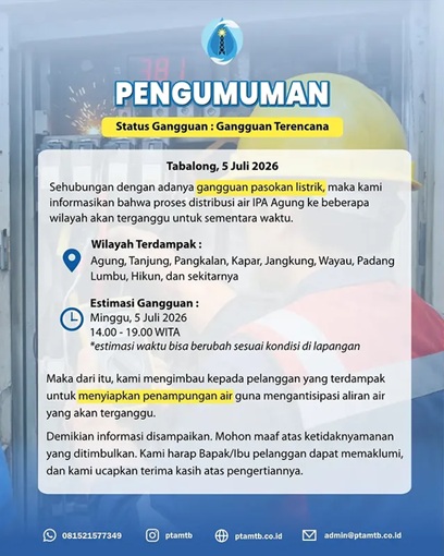 Pemadaman Bergilir, Air Leding di Sejumlah Wilayah Tabalong Bakal Mati Siang-Malam ini