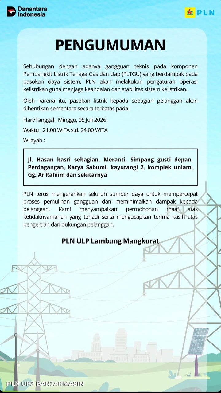 Pemadaman Bergilir Hingga Tengah Malam ini di Sejumlah Wilayah Banjarmasin Utara