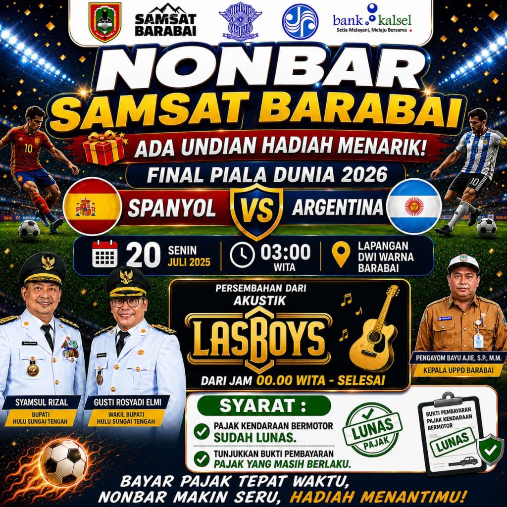 Bayar Pajak Kendaraan Bisa Nonton Final Piala Dunia Gratis di Lapangan Dwi Warna, Samsat Barabai Siapkan Hadiah