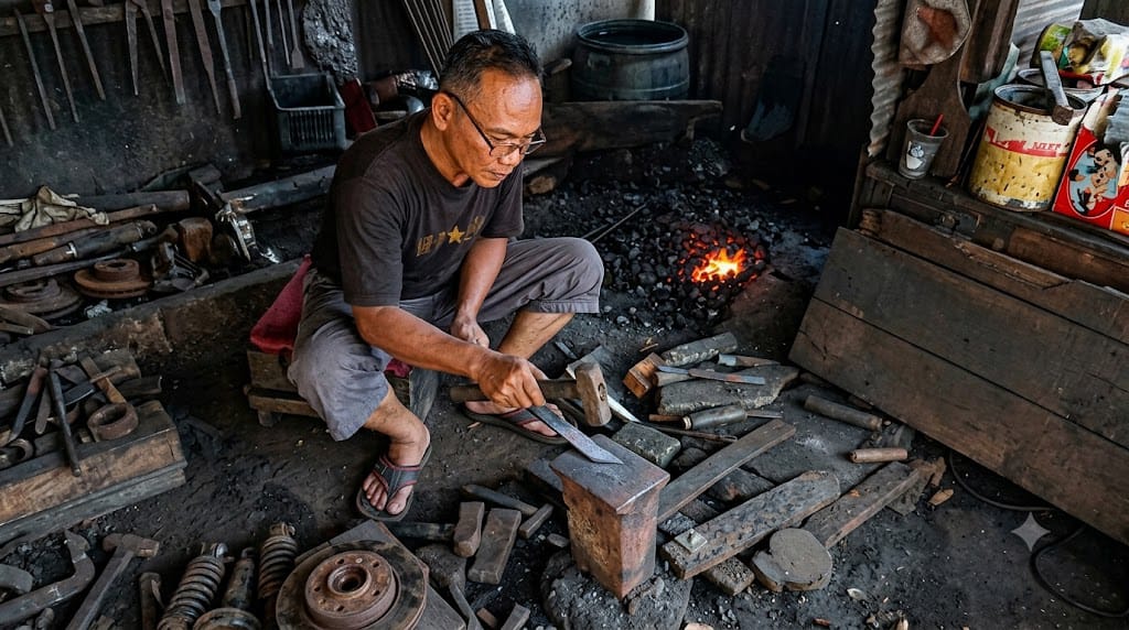 Yadi Tengah membuat pisau di bengkelnya